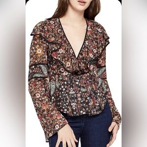 🖤 NWOT BCBGeneration Mixed-Print Peplum Bell Sleeve Top